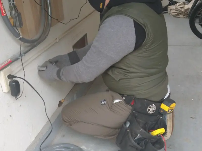 Electrician performing outlet wiring in a Biloxi garage